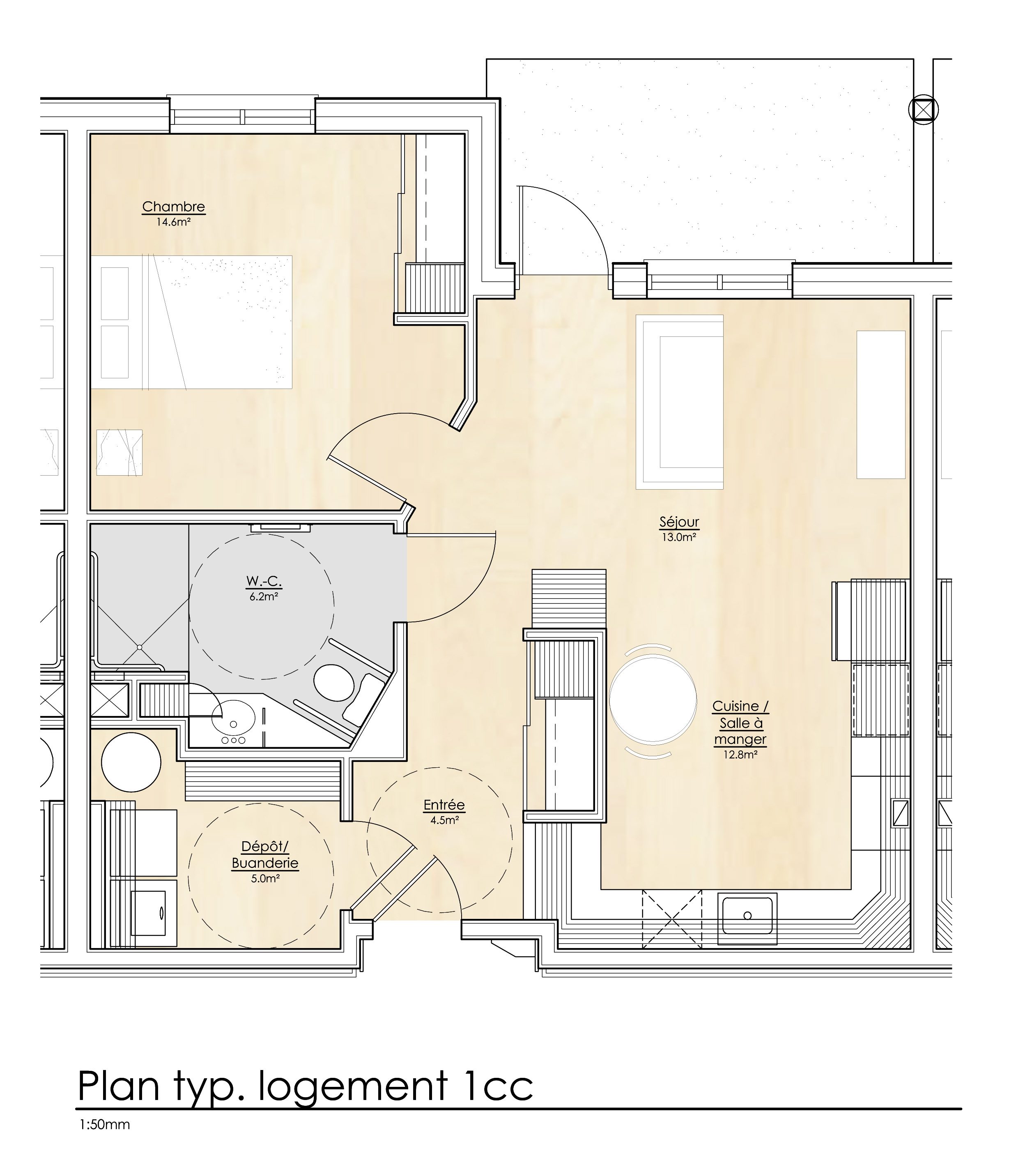 Plan d'un logement de 3 pièces et demie